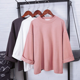 2016春季新款韩版七分袖纯色短款开叉圆领宽松T恤女短袖体恤上衣