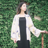 夏季森女日系雪纺长袖蜻蜓印花和风防晒衫文艺复古衬衣开衫外套新