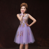 2015新款紫色伴娘团礼服短款韩版修身绑带晚礼服姐妹裙小礼服春季