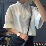 夏季学院风宽松中袖女士衬衫韩版棉麻立领衬衣纯色半袖打底衫小衫