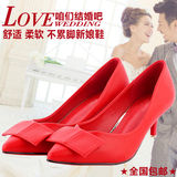 秋冬季新娘鞋子女士红色高跟鞋细跟中跟尖头蝴蝶结婚鞋婚礼鞋红鞋