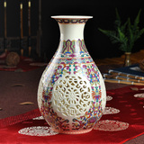 景德镇陶瓷器 粉彩镂空薄胎创意工艺品台面花瓶 中式客厅玄关摆件