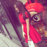 韩国代购2016春季夏装新款小香风修身显瘦A字裙针织红色连衣裙女