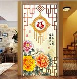 中式玄关屏风墙纸 牡丹金色福字客厅餐厅进门过道走廊壁纸壁画