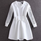 2016春装新款白色修身连衣裙欧美明星同款中长裙镂空长袖女士裙子