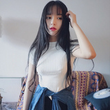 韩国半袖圆领短款修身显瘦纯白短袖针织衫套头女薄款夏季T恤复古