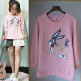 韩版甜美学院风 减龄粉色长袖卡通字母刺绣套头百搭卫衣女秋上衣