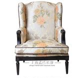 新古典实木高背老虎椅美式高档布艺单人沙发椅欧式别墅会所沙发椅
