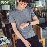夏季男装男士圆领修身薄款格子短袖T恤青年半袖体恤衫韩版潮学生