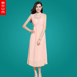 2016夏季新款纯色高端大牌无袖重磅100%桑蚕丝连衣裙高档真丝长裙