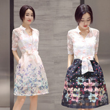 2016夏季新款韩版套装裙女短袖欧根纱雪纺印花连衣裙中长款两件套