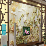 中式玉雕花鸟浮雕3D立体墙纸电视背景墙客厅卧室无缝壁画壁纸墙布