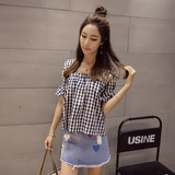夏季韩版荷叶边喇叭袖短袖上衣女短款宽松显瘦娃娃衫棉麻格子衬衫