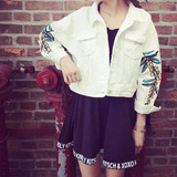 韩国官网 橄榄刺绣外套 短夹克 白色牛仔外套女学院风 棒球服女
