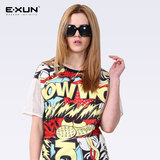 EXUN女装短袖新款修身上衣圆领拼色短款印花泡泡袖夏季街头女T恤