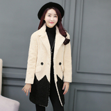 2015秋冬装新款 加厚韩版中长款拼接仿羊羔毛毛呢外套女呢子大衣