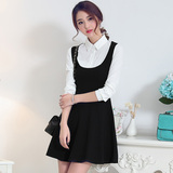 韩国SZ春夏装衬衫领假两件连衣裙甜美学院风大码长袖修身显瘦裙子