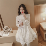 大码中长款蕾丝连衣裙春装新款韩版纯白系带白色蕾丝裙