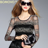 Bomovo新款2016欧洲站时尚圆领网纱拼接蕾丝上衣女显瘦名媛打底衫