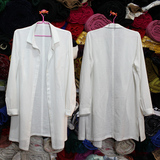 2015春夏高级亚麻精品纯白色女衬衣长袖中长款宽松直筒休闲侧开叉