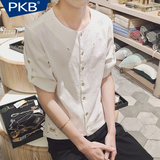 PKB2016夏季亚麻短袖衬衫男士修身五分袖寸衫纯色日系潮棉麻上衣