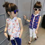 童装女童夏季新款2016 韩版女童西瓜印花纯棉透气无袖娃娃衫衬衫