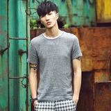 夏季薄款男士日系棉麻圆领短袖T恤 青年假两件宽松纯色体恤衫潮T