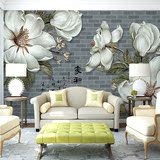 大型壁画现代简约中式砖纹玉兰花背景墙沙发卧室床头墙纸壁纸