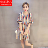 2016夏季大码女装新款韩版修身显瘦圆领短袖高腰条纹连衣裙短裙潮
