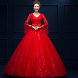 婚纱礼服2016新款 韩版公主胖MM带袖显瘦甜美齐地加大码红色婚纱