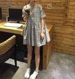 夏季新款韩国单定制款V领格子娃娃裙  学院风小清新褶皱感连衣裙