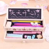 包邮 韩国木制铅笔盒双层笔筒 可爱木质文具盒带黑板男女学生笔袋