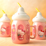 新品Hello Kitty创意陶瓷杯子大肚吸管杯带盖可爱奶瓶水杯马克杯