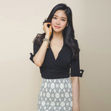 2016韩国秋新品性感V领系扣中袖气质衬衫式修身显瘦上衣打底衫女