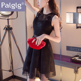 Palglg夏装新款女装2016修身高腰显瘦性感网纱透视无袖连衣裙短裙
