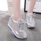 夏天女鞋子学生韩版网状网鞋女休闲鞋平跟内增高系鞋带银色运动鞋