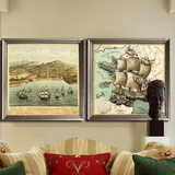 美式乡村复古航海帆船地图装饰画  客厅卧室玄关走廊两联墙壁挂画