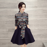 韩版 新款女装2016春夏季款收腰显瘦假两件套中长款气质连衣裙子