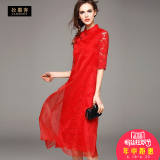 2016夏季中袖蕾丝欧根纱连衣裙修身中长款复古改良旗袍红色中国风