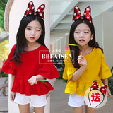 夏季韩国女童纯棉短袖T恤童装中大儿童宽松喇叭袖上衣宝宝娃娃衫