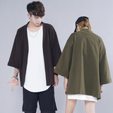 韩国复古和服开衫高街OVERSIZE宽松七分纯色棉质大码外套风衣男女