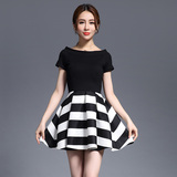 夏季新款气质韩版女装两件套圆领拼接条纹a字裙显瘦名媛连衣裙女