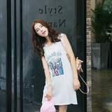 韩国学院风个性抽象字母印花中长款无袖带帽T恤女连衣裙背心裙夏