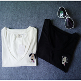 2015夏季小狗刺绣V领短袖T恤 黑白 女装