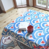 日式鱼鳞纹理棉麻餐桌布清新和风蓝色正方形加厚圆形台布茶几盖布