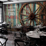 旧木纹车轮大型壁画咖啡馆餐厅酒吧KTV墙纸客厅卧室壁纸3d复古怀