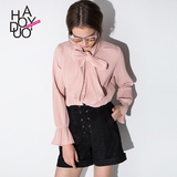Haoduoyi2016夏新款 甜美时尚百搭雪纺衫 蝴蝶结系带单排扣女衬衫
