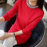 韩版2015新款毛衣女中长款圆领钉珠针织衫打底衫大码显瘦潮T0051