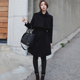 韩国2015秋冬新款韩版修身系带中长款斗篷毛呢大衣加厚呢子外套女