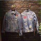 日本代购2016秋moussy帅气两侧绑带设计徽章刺绣字母贴布牛仔外套